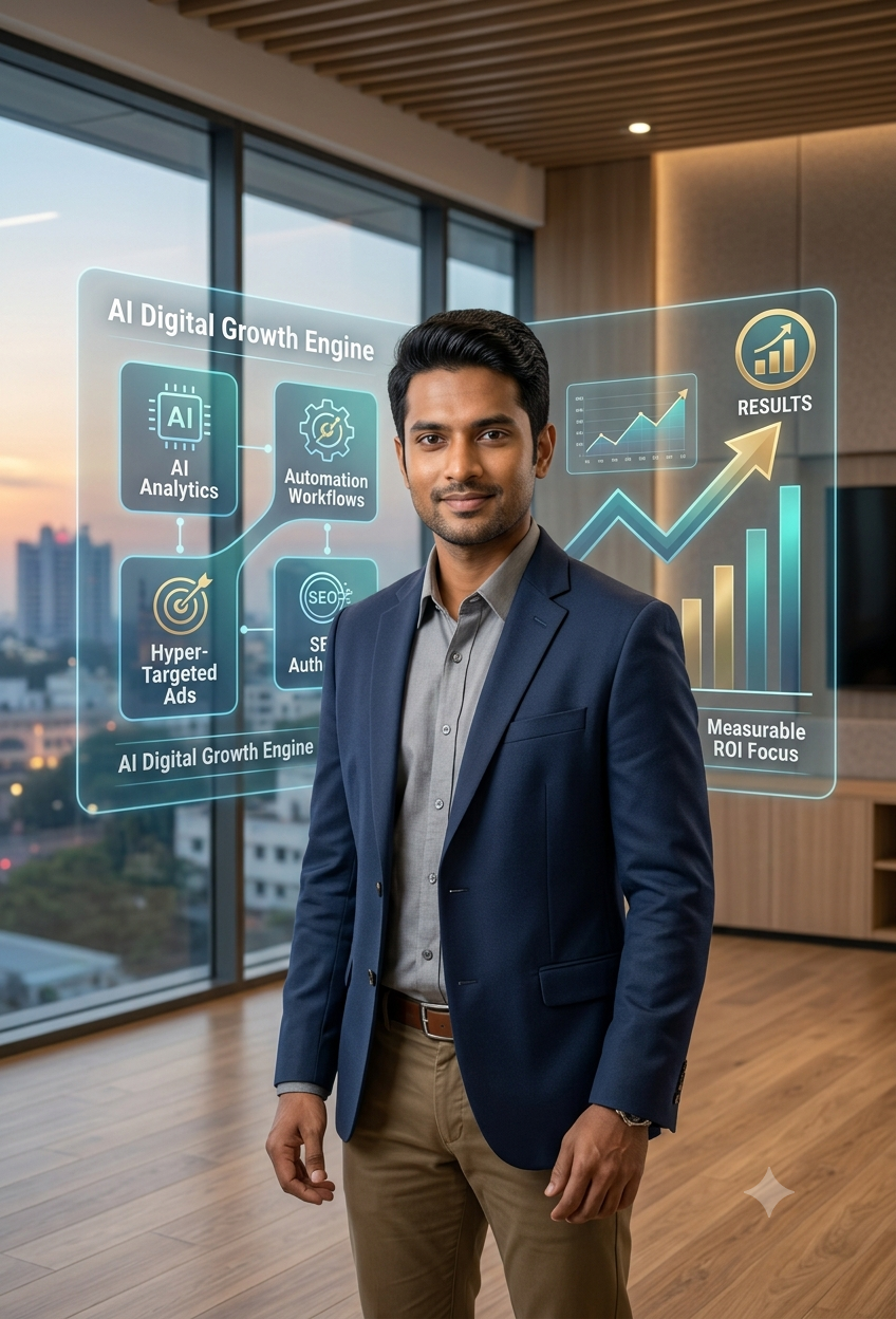 Professional portrait of Sateesh, an AI Digital Marketing Expert in Hyderabad, standing confidently in a modern office with integrated holographic displays showcasing artificial intelligence, automation, and growth analytics for business scaling.
