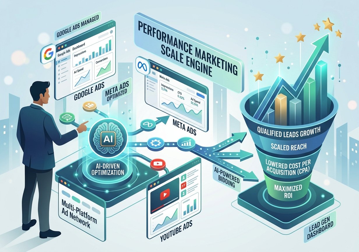 Conceptual illustration of AI-driven performance marketing: a professional figure manages integrated ad campaigns across Google Ads, Meta Ads, and YouTube Ads to generate qualified leads and reduce CPA.