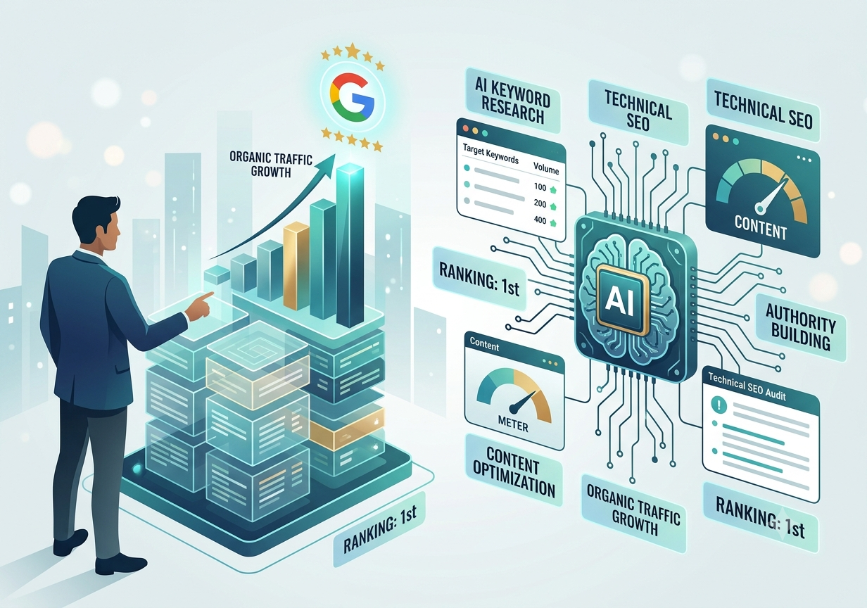 AI-powered SEO and Google ranking dashboard demonstrating keyword research, technical SEO, and organic traffic growth.