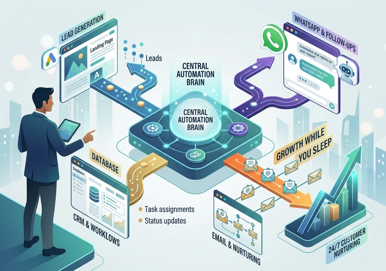 Conceptual illustration of a Marketing Automation system: an interconnected 'Central Automation Brain' manages and synchronizes lead generation, automated WhatsApp follow-ups, CRM workflows, and email campaigns for non-stop customer nurturing.