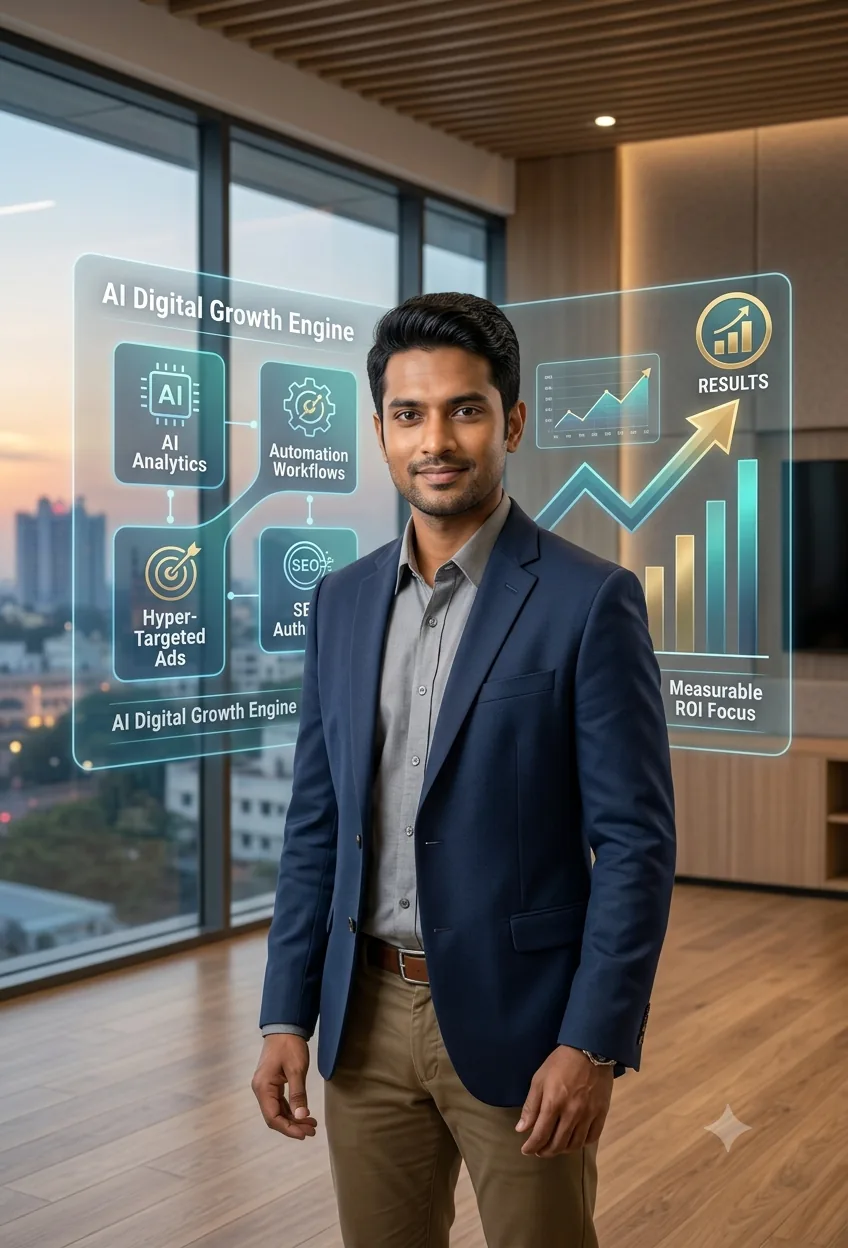 Professional portrait of Sateesh, founder of ULTRAVYX in Hyderabad, standing confidently in a modern office with integrated holographic displays showcasing artificial intelligence, automation, and growth analytics for business scaling.